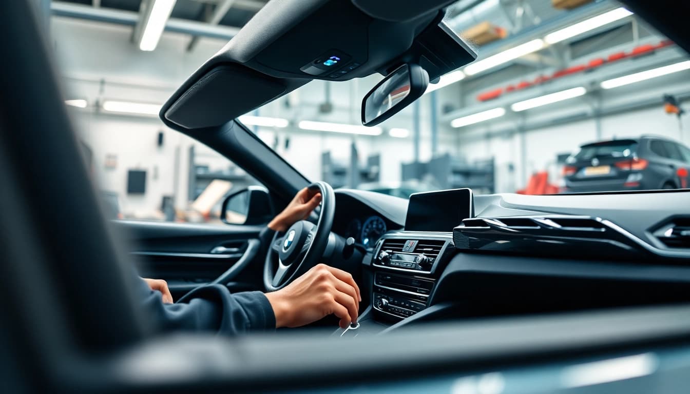 Durchführung der BMW Nachrüstung mit professionellen Werkzeugen in einer modernen Werkstatt.