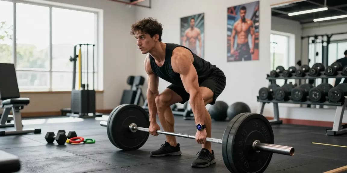 Bodybuilder im Selliza Shop beim Training mit Gewichten, motivierende Atmosphäre im Fitnessstudio