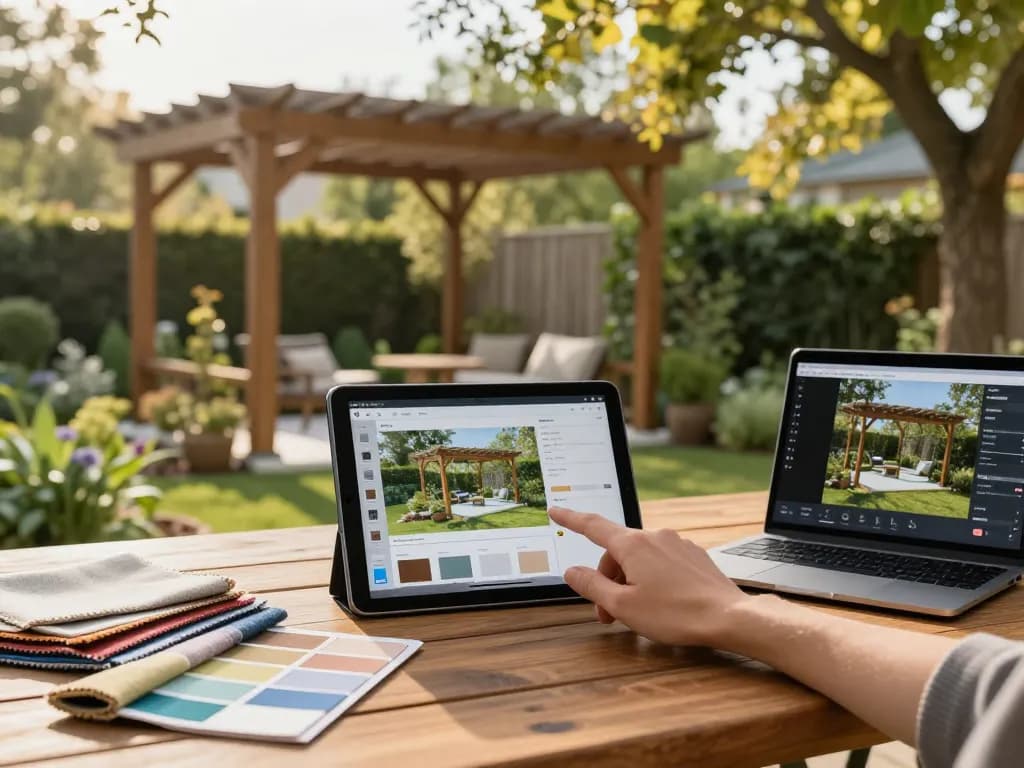 Interaktive Pergola Konfigurator-Erfahrung mit digitalem Tablet und 3D-Visualisierung in einem schönen Garten.