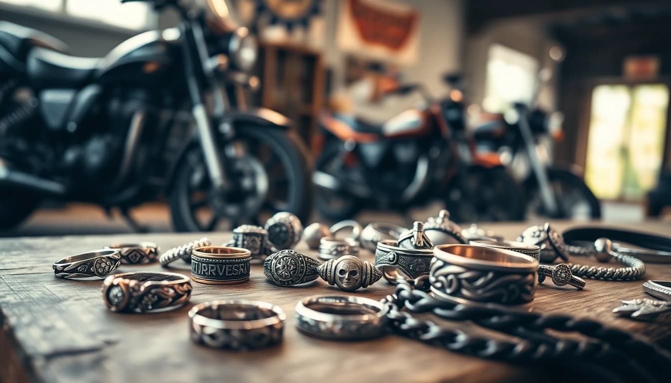 Faszinierendes biker jewelry auf einem rustikalen Tisch angeordnet, der die Leidenschaft des Motorradfahrens widerspiegelt.