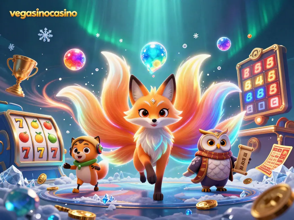 Engage with the vibrant world of vegasinocasino, featuring a mystical fox and wise owl amid spinning slot reels and gold coins.