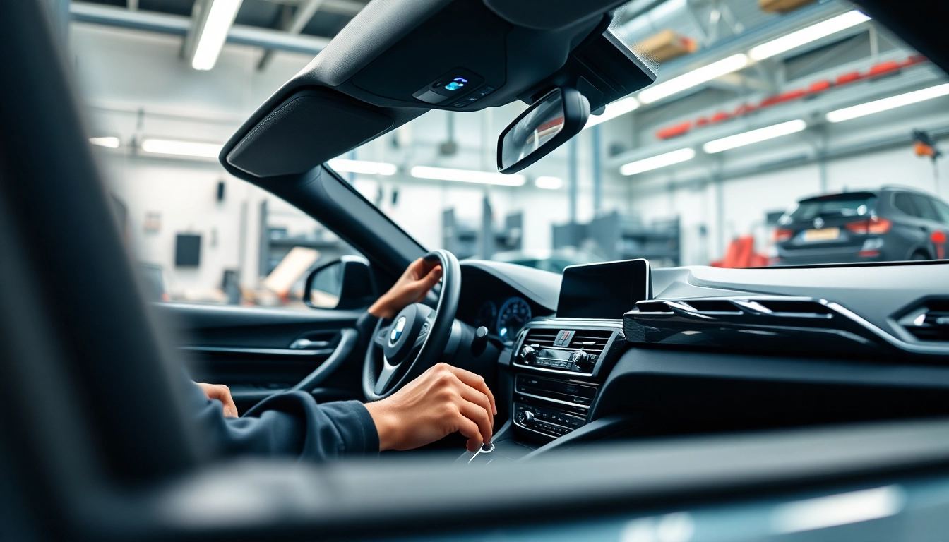 Durchführung der BMW Nachrüstung mit professionellen Werkzeugen in einer modernen Werkstatt.