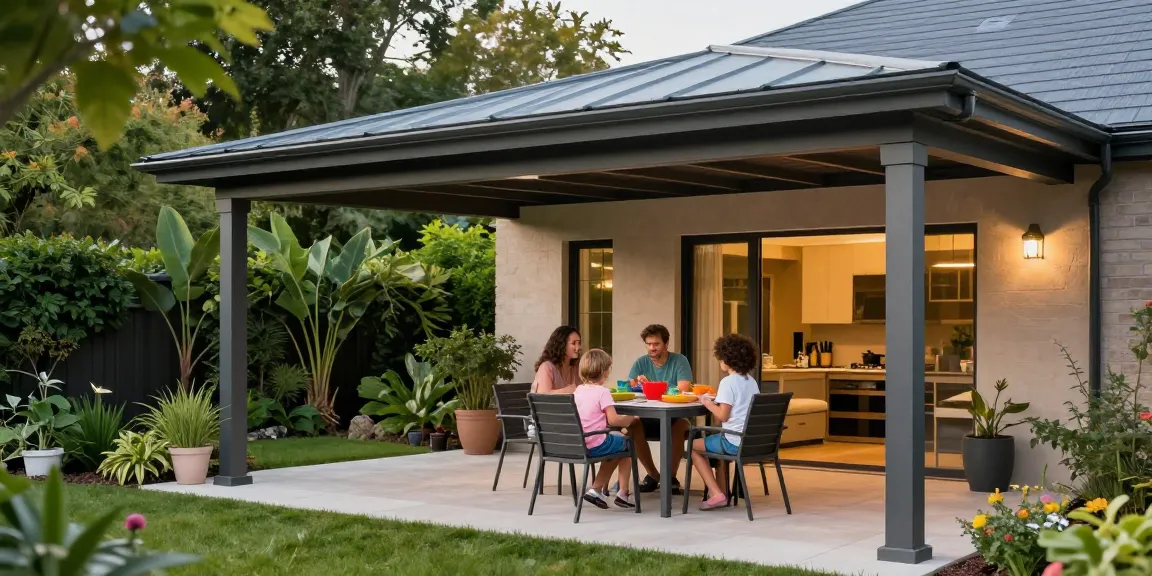 Moderne Terrassenüberdachungen im Garten mit Familie beim Essen