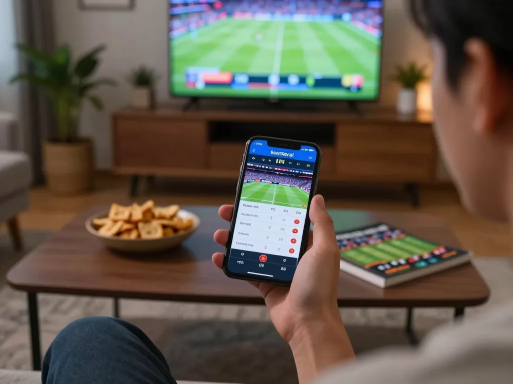 Engaging live sports betting experience using keonhacai app on smartphone in cozy home setting.