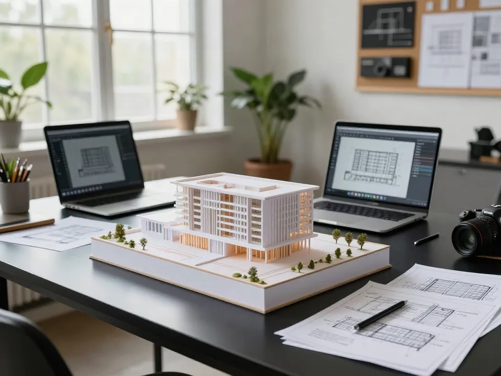 Detailreiche 3D Druck Architekturmodelle in einem modernen Architekturbüro mit natürlichen Lichtquellen.