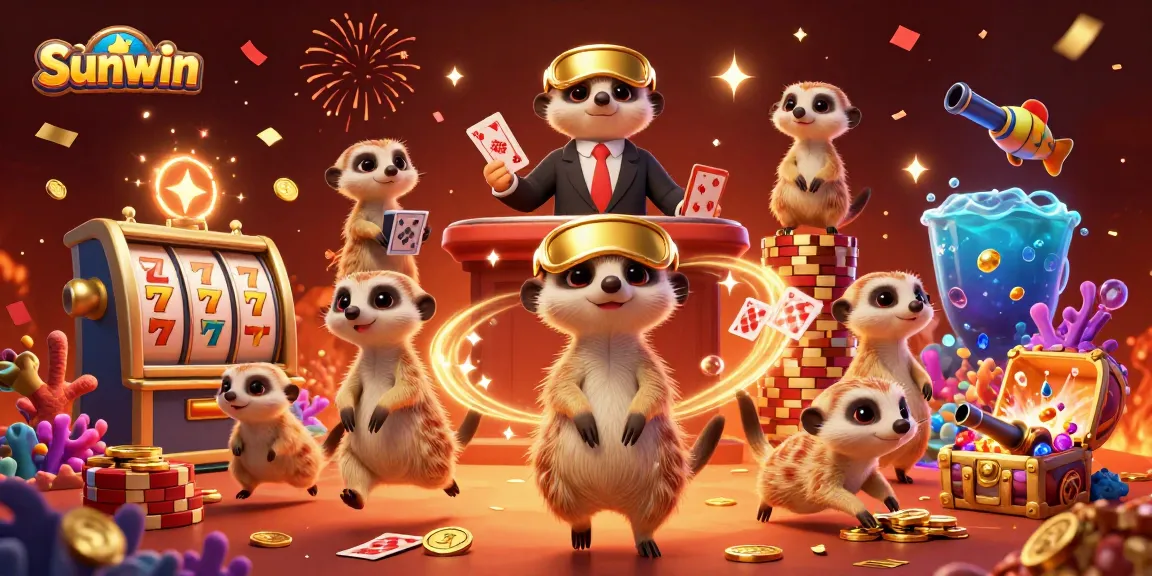 Experience the thrilling world of Sunwin through engaging cartoon meerkats running a vibrant casino, filled with games and treasures.