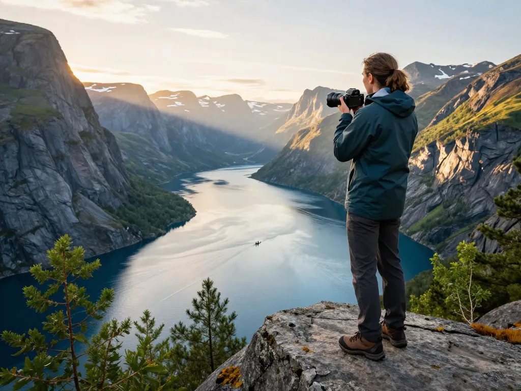 Beeindruckender Fjordblick in Norwegen, ideal für Abenteuerlustige im Urlaub in Skandinavien, der die Schönheit der Natur zeigt.