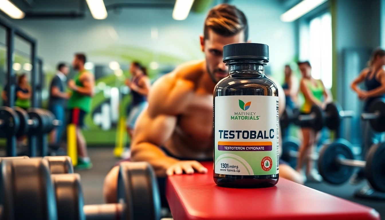 Testobal C Testosteron Cypionate bottle prominently featured in an active gym environment.