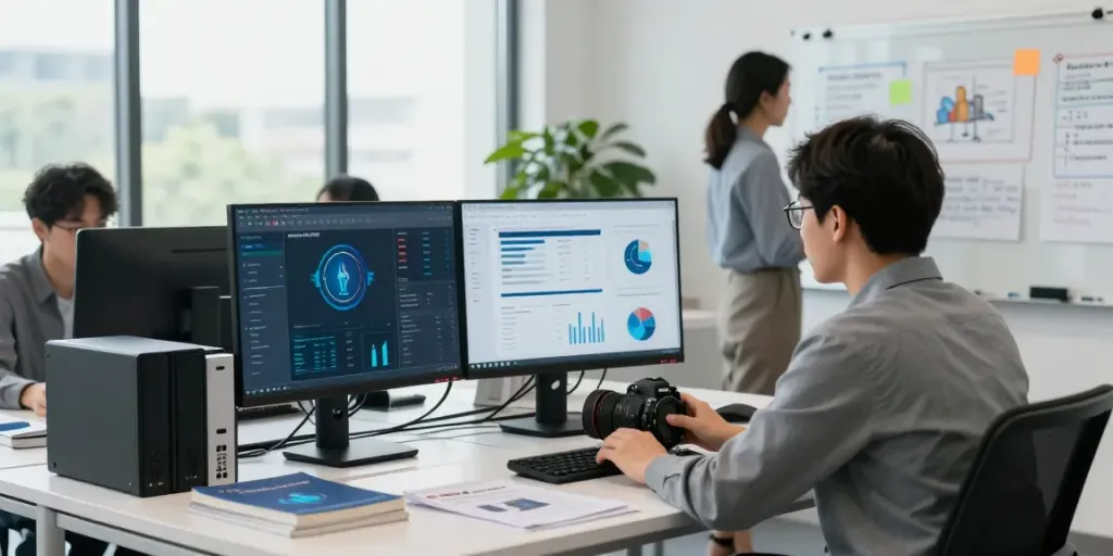 IT-Sicherheit für KMU: IT-Sicherheitsteam überprüft Protokolle in modernem Büro.