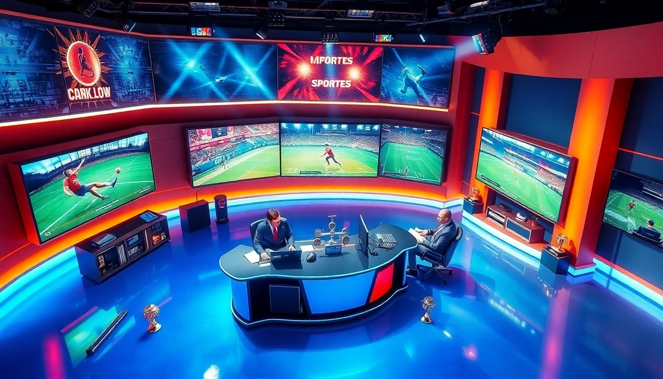 Engaging scene of Sports Broadcasting studio showcasing hosts interacting with live sports events.