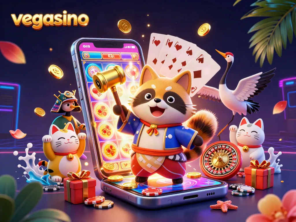 Engage with vegasino through a vibrant, dynamic illustration showcasing a cheerful tanuki, icon games, and festive elements.