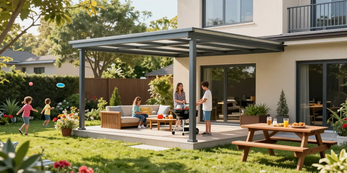 Moderne freistehende Terrassenüberdachung in einem Garten mit Familie beim Grillen.