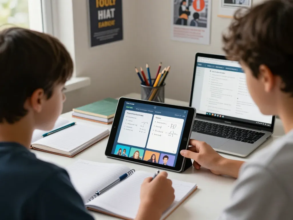 Engagierter Schüler, der Hausaufgabenlösungen online in einer gemütlichen Studienumgebung mit digitalen Tools und Lernmaterialien nutzt.