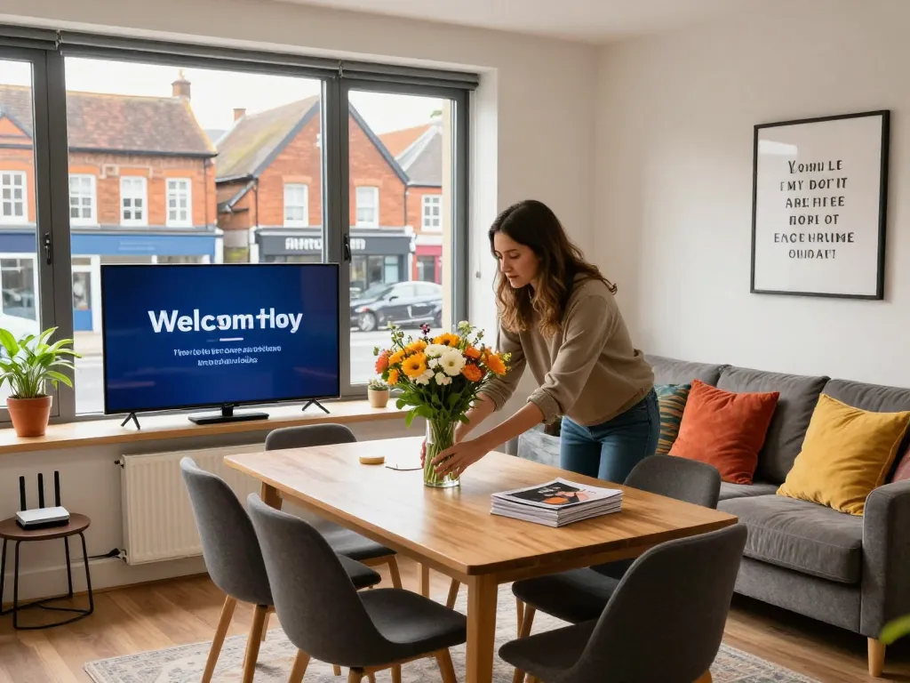 Dynamic Airbnb management Slough scene with host preparing apartment for guests.