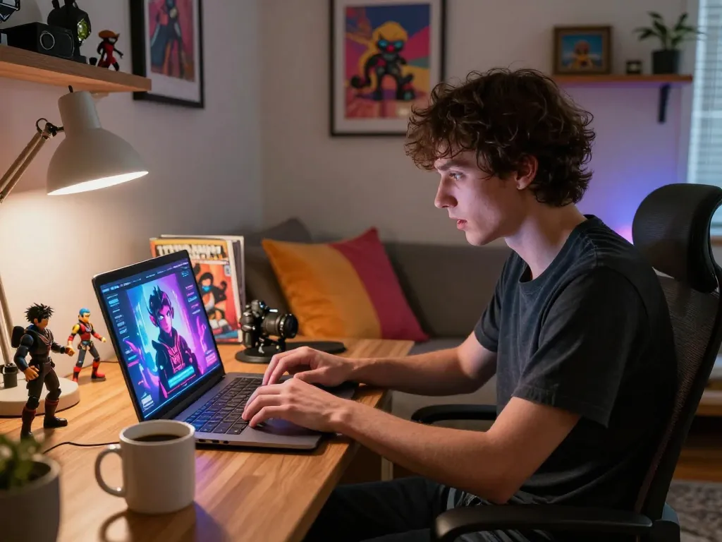 Engaging with character AI NSFW in a cozy room, user on laptop.