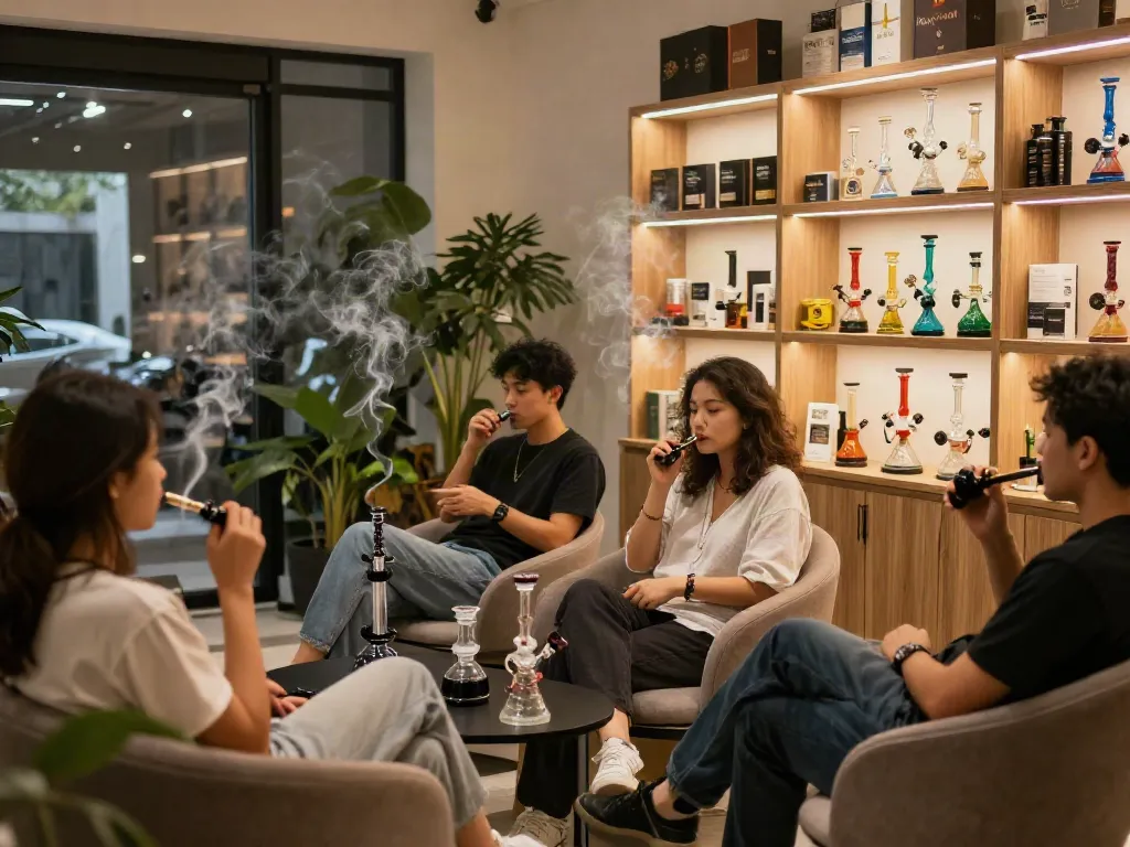 Rokok88 alternatif lounge with patrons enjoying a modern smoke shop experience.