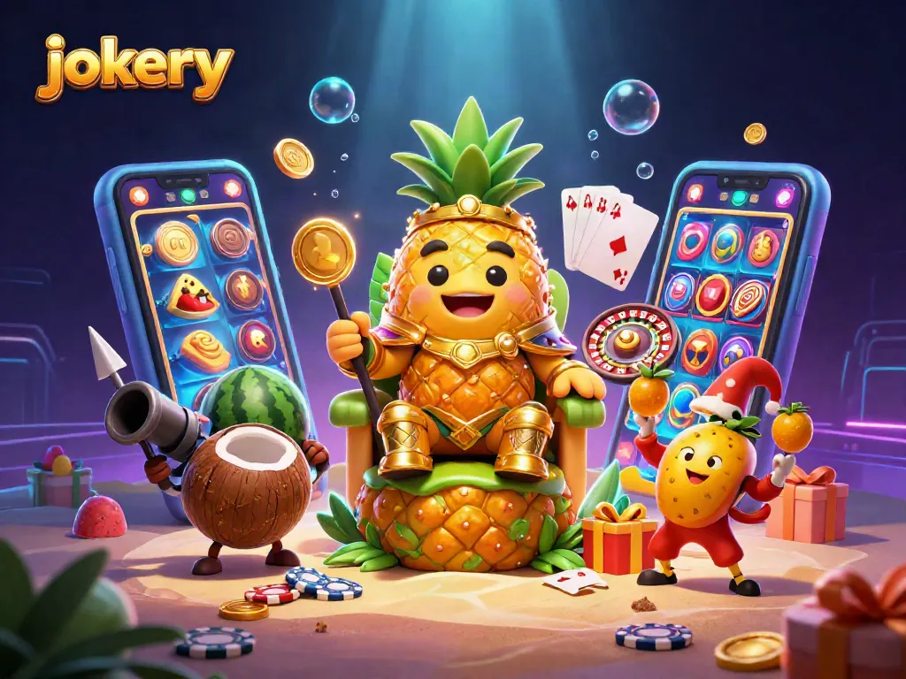Experience jokery action with a golden pineapple king and lively casino ambiance in this dynamic scene.