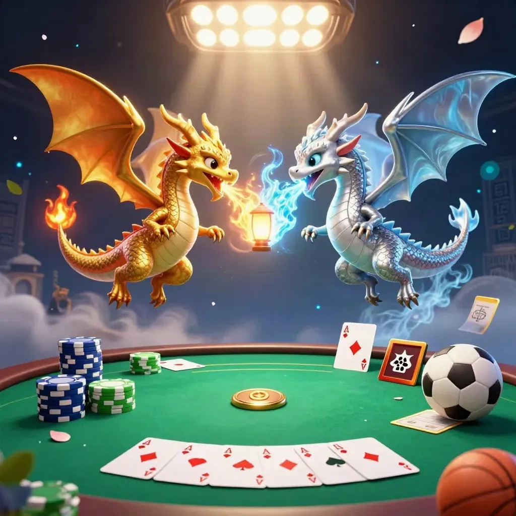 Zwei Drachen, Karten, Chips, Ball und Lichtwirbel in einem luxuriösen Casino-Actionbild.