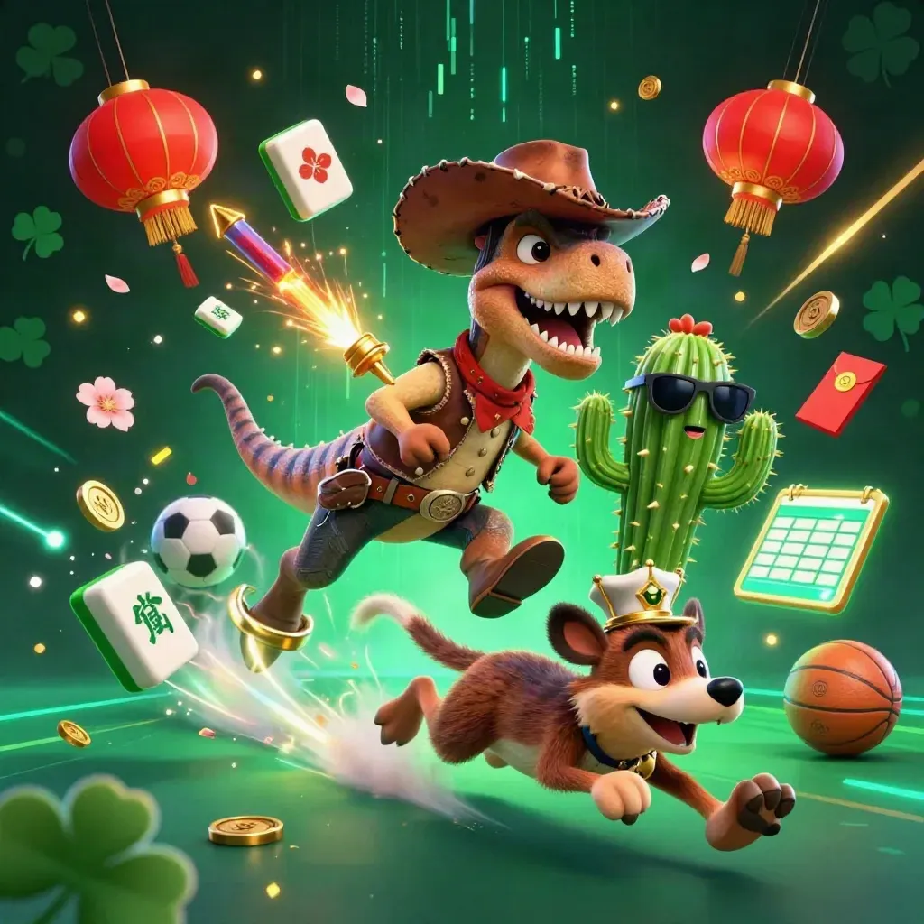 Cowboy-T-Rex, Kaktus und Roadrunner vor neonleuchtenden Spielsymbolen im dunklen Casino-Look