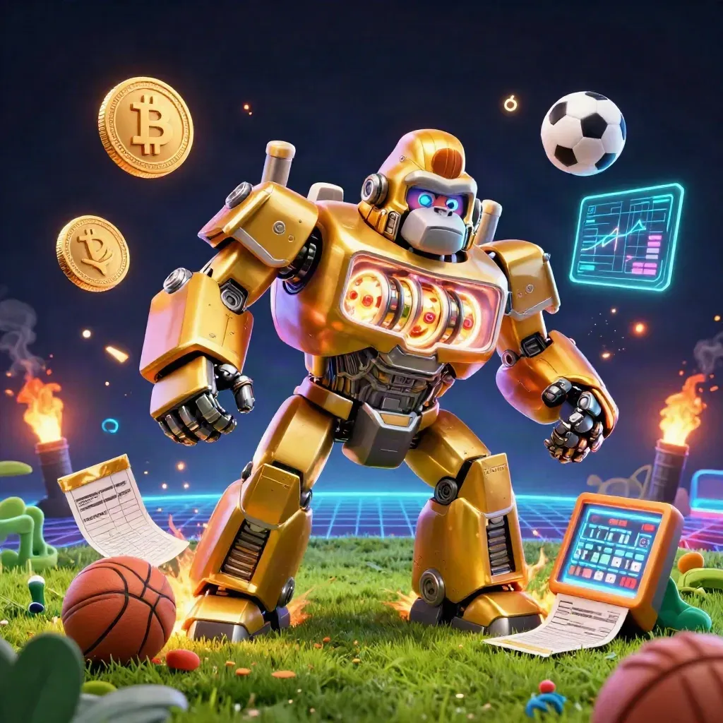 Goldener Gorilla-Mech kickt den Ball, Münzen und Neonblitze vor dunklem Grid.