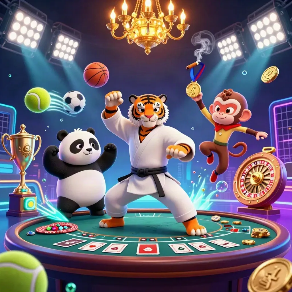 Tiger, Panda und Affe im leuchtenden Casino mit Goldmünzen, Sportbällen und Neonlicht.