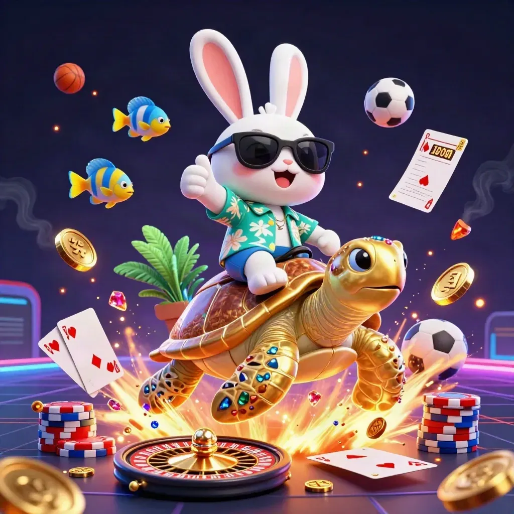 Cartoon-Hase auf goldener Schildkröte, umgeben von Münzen, Karten, Chips und Neonlicht.
