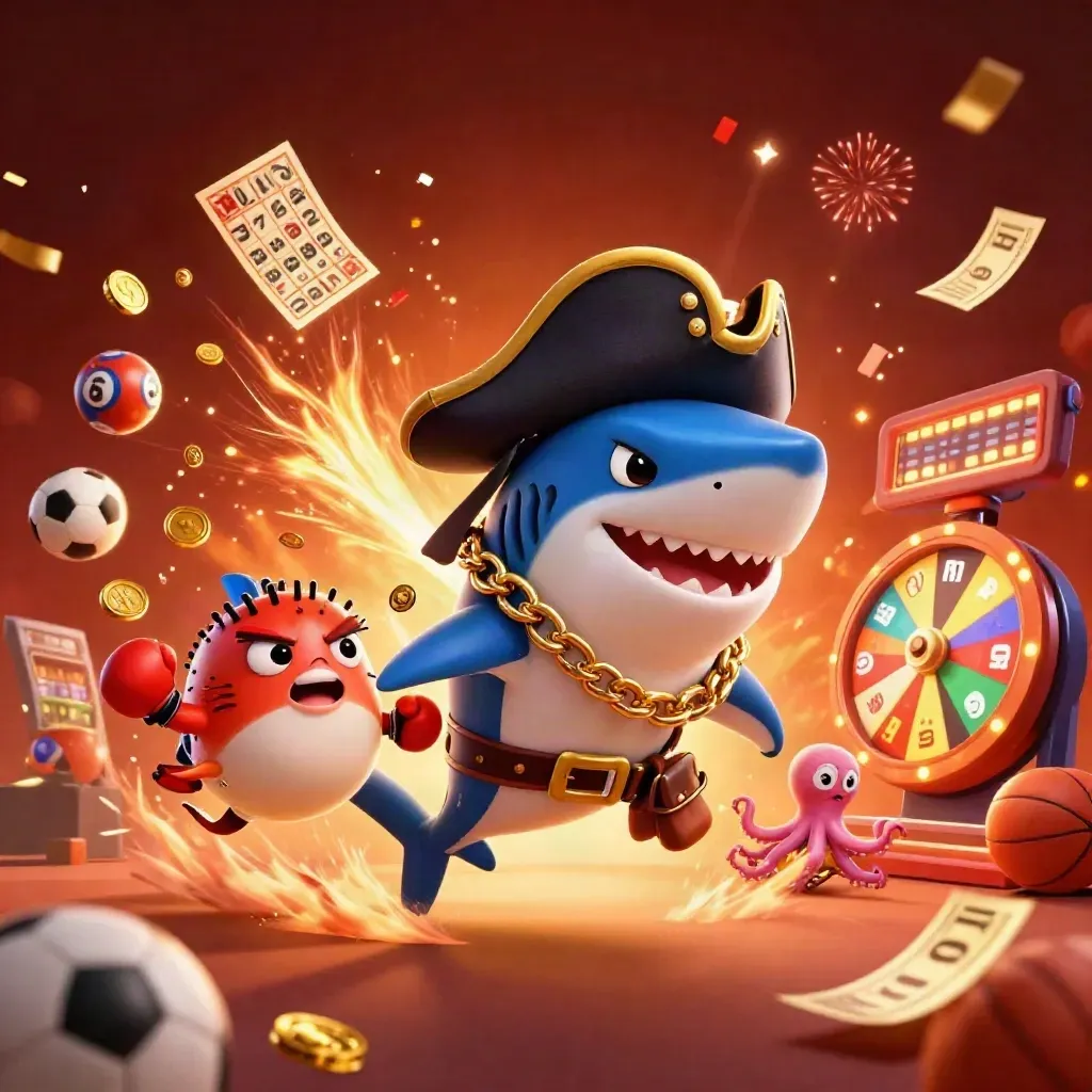 3D-Piratenhai, Box-Pufferfisch und Babykrake mit Münzen, Funken und Casino-Action