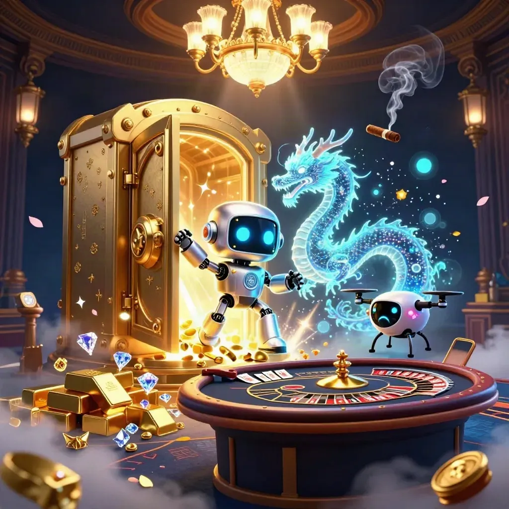 Cyber-Roboter, Hologrammdrache und Drohne vor goldener Casino-Tür