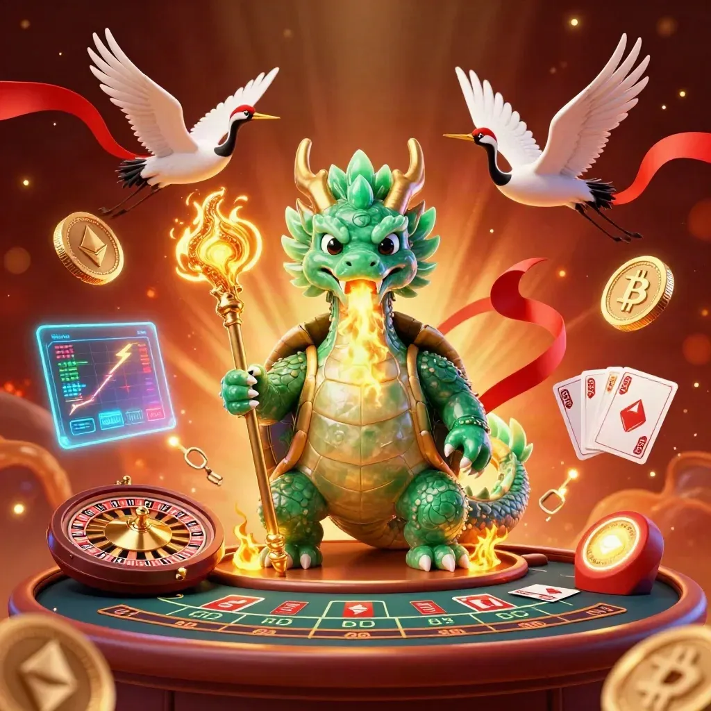 Jade-Drache, Schildkröte und Kraniche in einer glühenden Casino-Fantasy mit Krypto-Elementen.