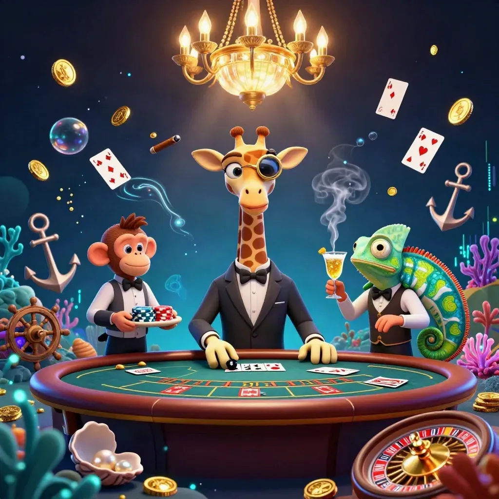 Giraffe, Affe und Chamäleon im Luxus-Casino mit Goldregen, Korallen und Neonlicht.