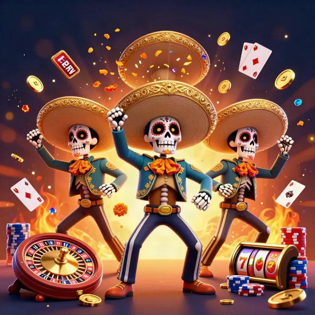 Drei tanzende Dia-de-los-Muertos-Skelette mit Sombreros, Münzen und Spielkarten fliegen auseinander.
