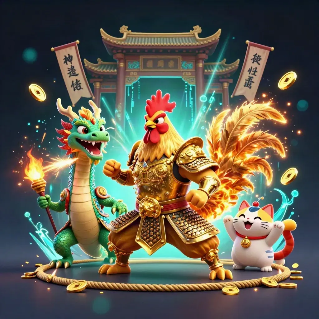 Samurai-Hahn, Drachenjunges und Glückskatze vor Tempeltor, funkelnd in Teal und Gold.