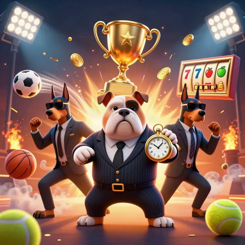 Bulldog-Mafioso mit zwei Dobermännern, umgeben von Sportbällen, Gold und Leuchteffekten