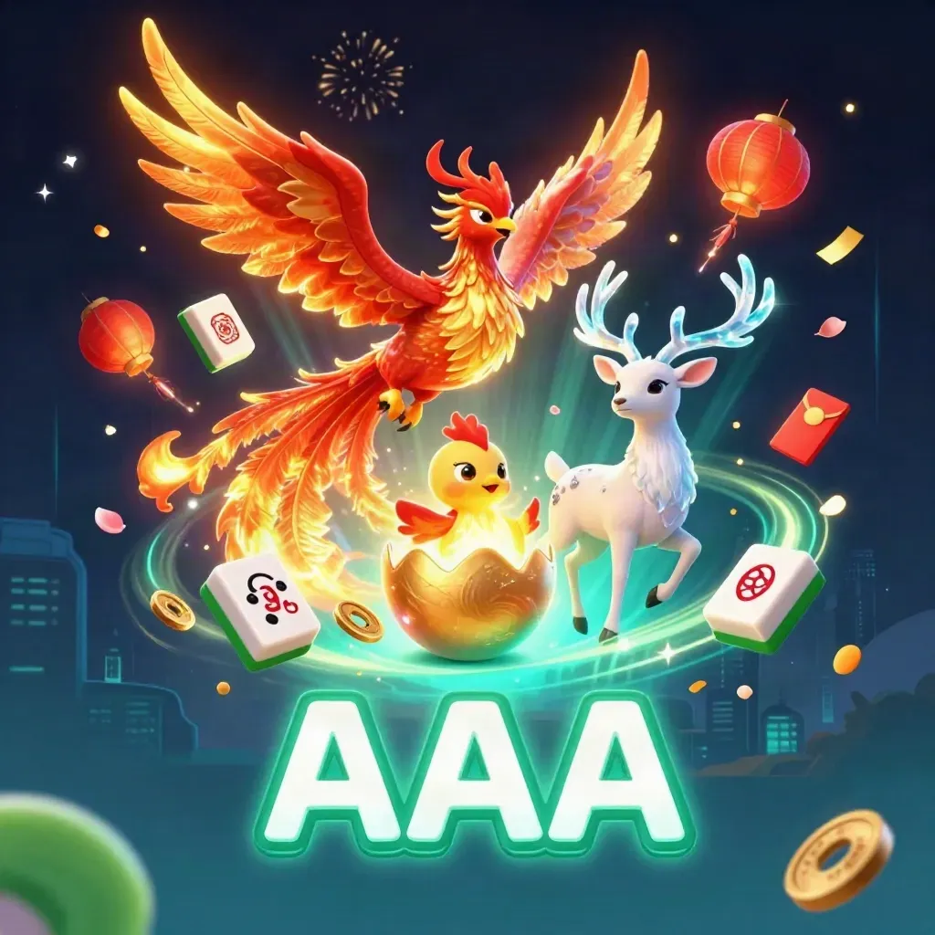 Feuerphönix, Babyphönix und Kristallhirsch in neonartigem Casino-Key-Art mit Spielchips.