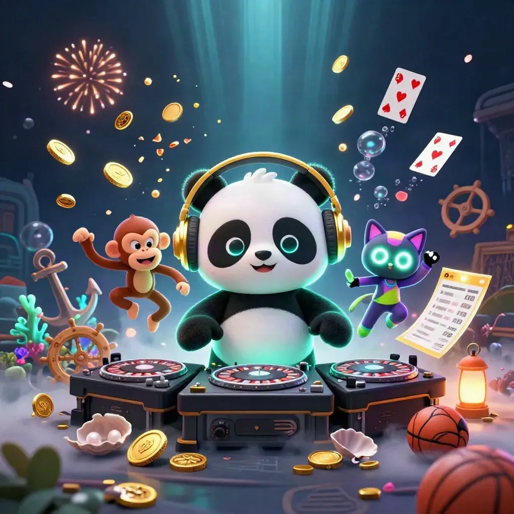Panda-DJ, tanzender Affe und leuchtende Katze in einer Schatzhöhle mit Goldregen und Unterwasserlicht.