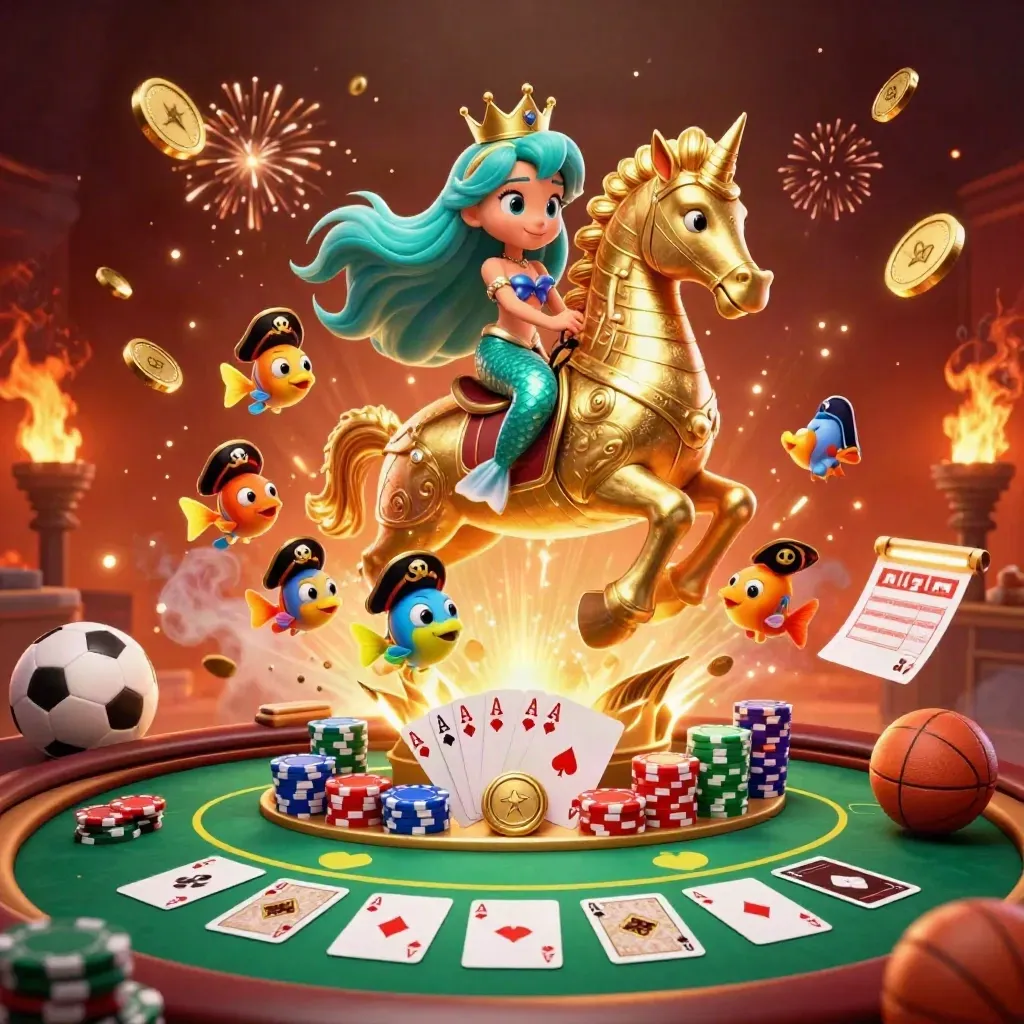 Meerjungfrauenprinzessin reitet Seepferdchen, Goldmünzen, Poker und Feuerwerk in dunklem Glühen