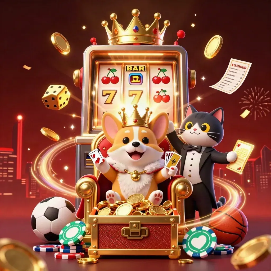Royaler Corgi und Katzenbutler feiern in Goldregen, mit Slot, Münzen und Feuerwerk.