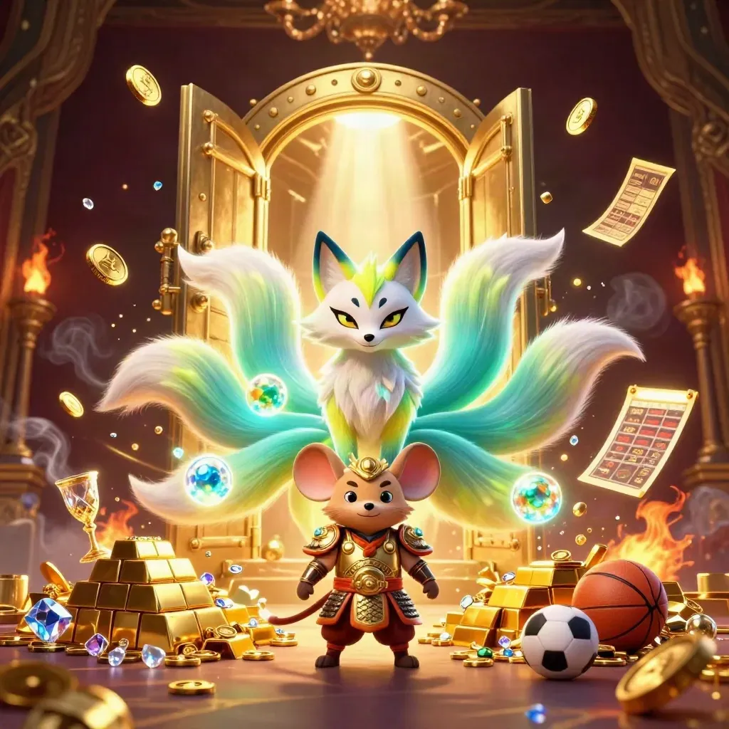 Neunschwänziger Fuchsgeist und Samurai-Maus vor aufspringendem Goldtresor mit Geldregen.