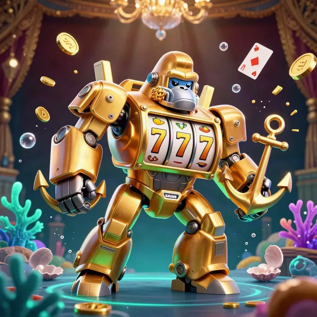 Goldener Gorilla-Mech mit Affenpilot, Slotrollen, Münzregen und Unterwasser-Schatzhöhle