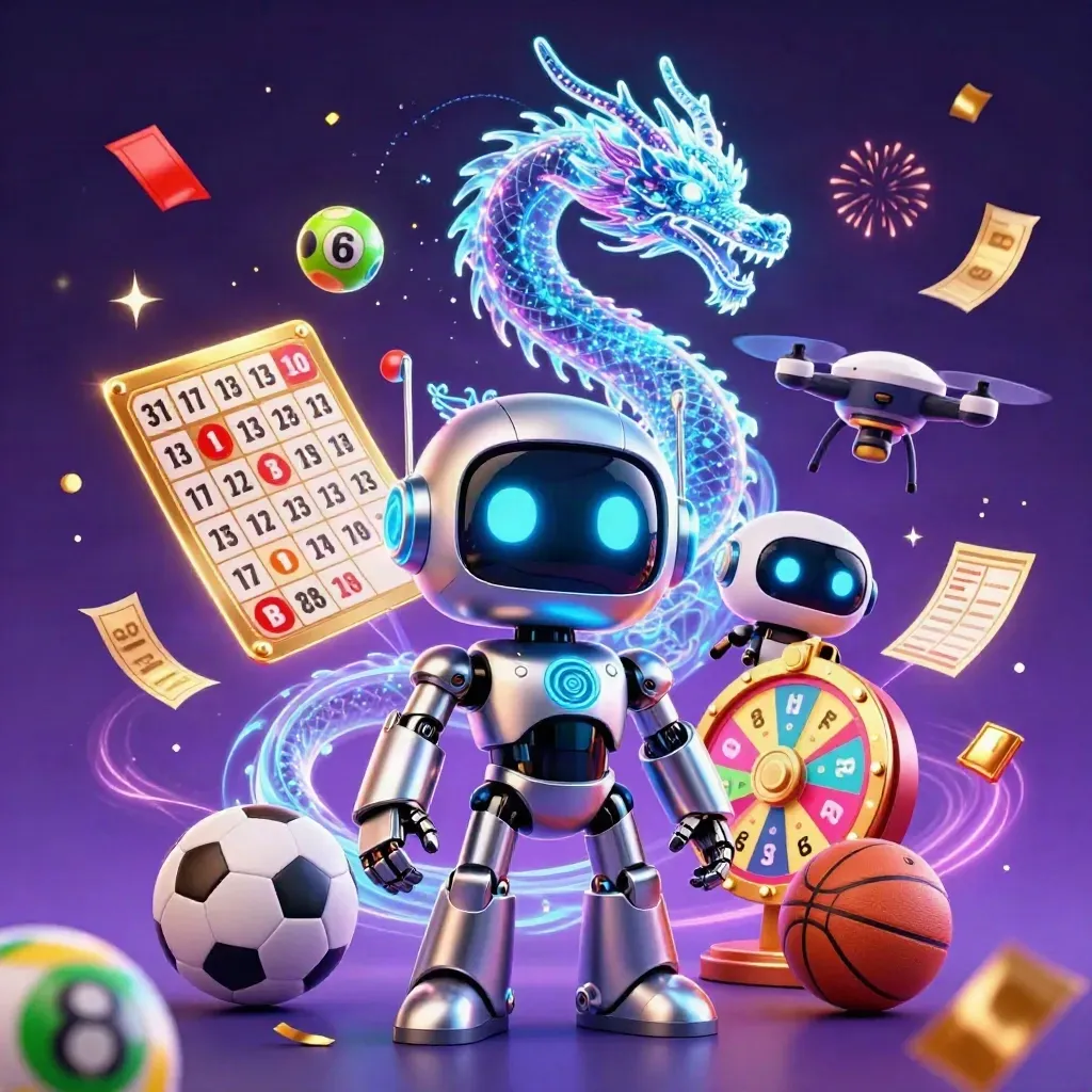 Robotermaskottchen, Hologramm-Drache und Coin-Drohne zwischen Spielsymbolen und Neonfunken.