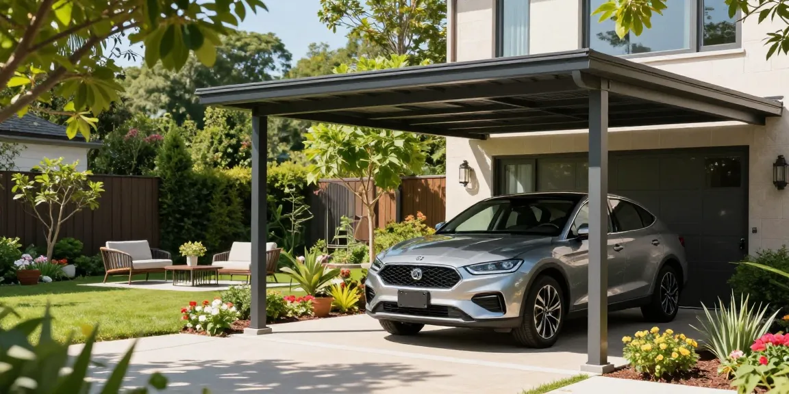Moderne Carport-Architektur mit elegantem Fahrzeug und blühendem Garten.