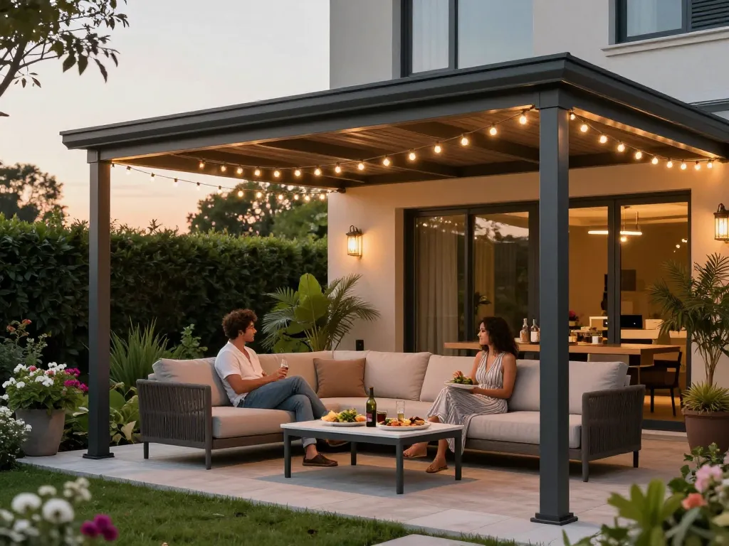 Moderne Terrassenüberdachung verbessert das Essens- Erlebnis im Freien mit einem stilvollen Paar unter einer eleganten Aluminiumstruktur in einem Garten.
