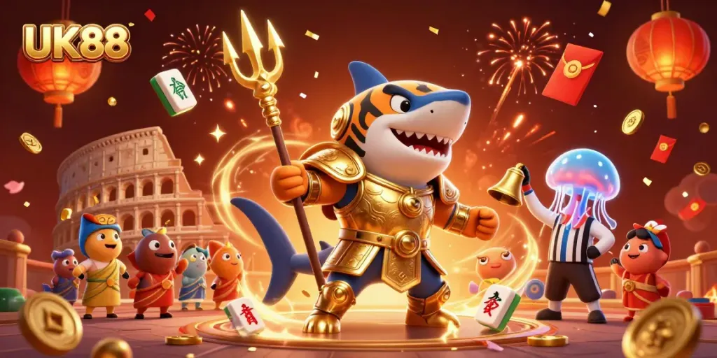 Experience the thrill of UK88's underwater gaming adventure with the golden gladiator shark!
