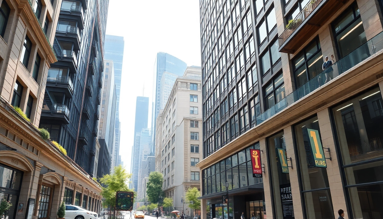 Visualisierung architektur in einer urbanen Umgebung mit modernen und traditionellen Gebäuden.
