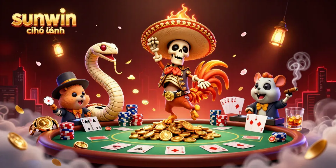 Sunwin chính hãng showcases a vibrant casino scene with a skeleton mariachi, mummy snake, and DJ hamster amidst poker chips and coins.
