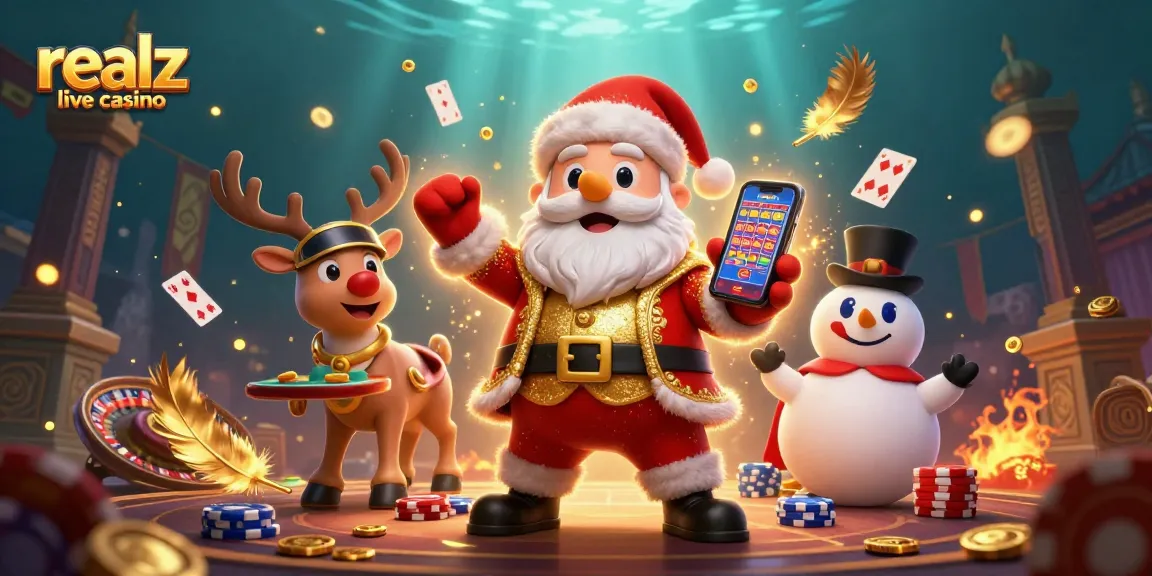 Erlebe das Realz Live-Casino mit Blackjack und Roulette in einer festlichen 3D-Szene.