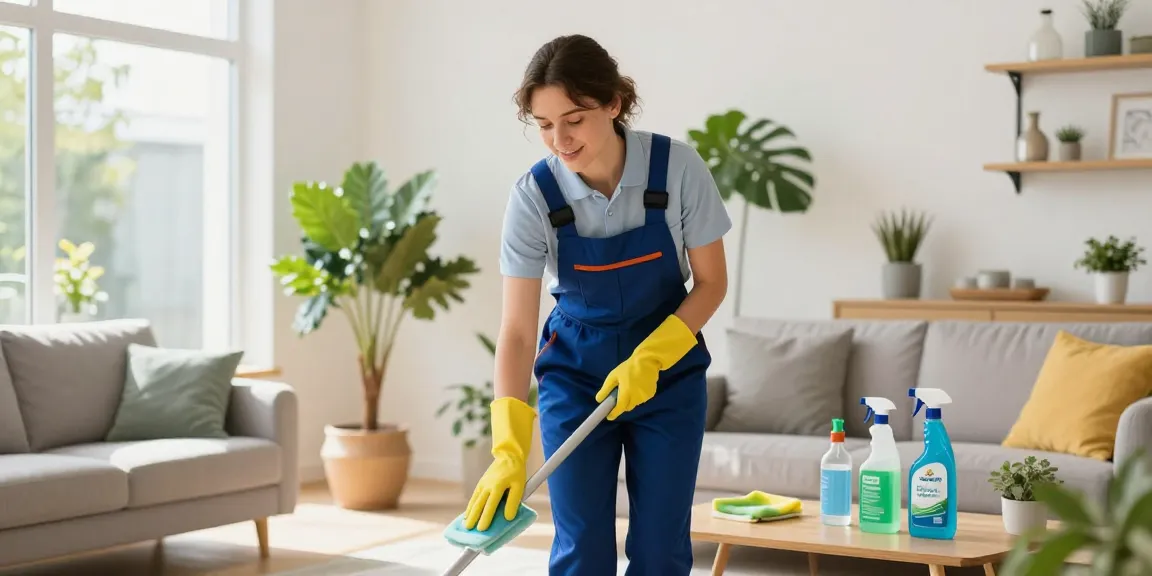 Professional cleaner in a bright living room demonstrating cleaning services from putzinstitut bern.