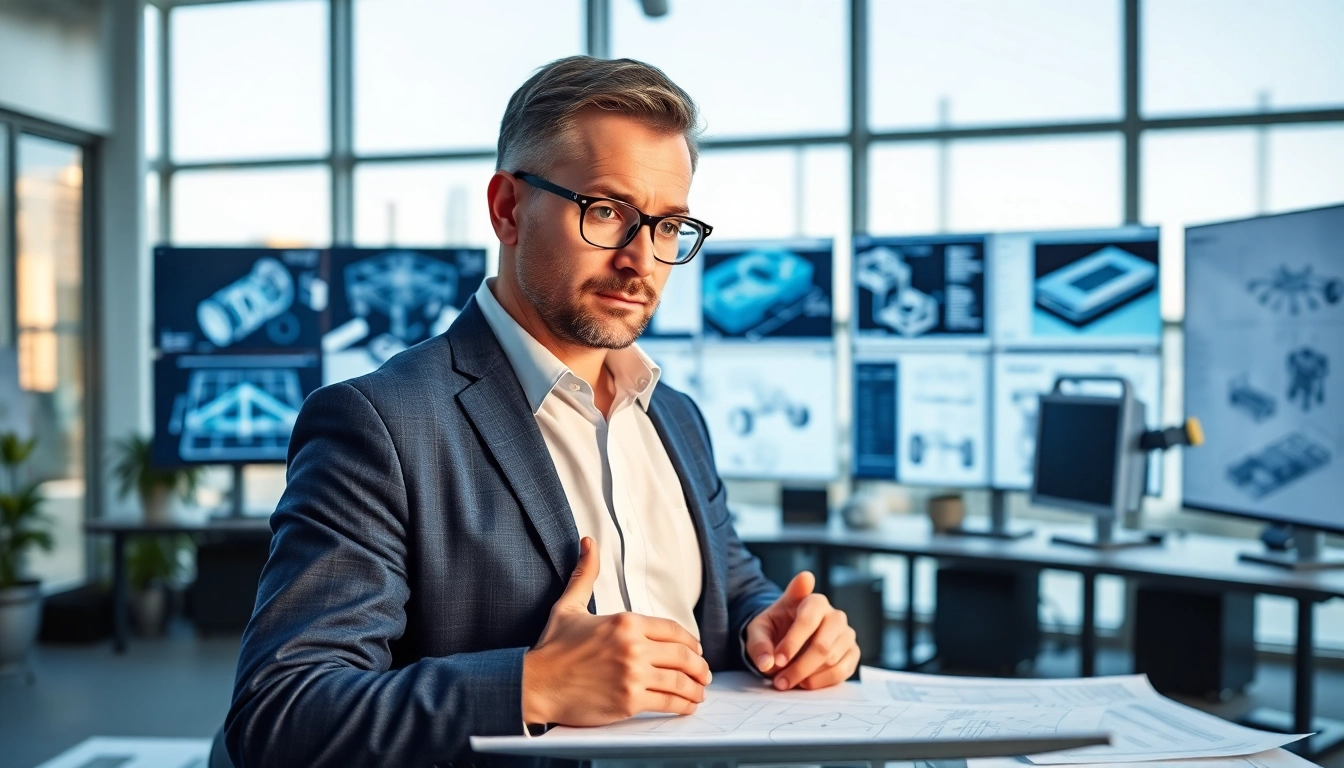 Headhunter Ingenieure analysiert technische Talente in einem modernen Büro mit Blaupausen und digitalen Bildschirmen.