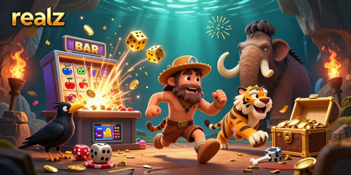 Experience the thrill of realz in this vibrant prehistoric casino scene filled with excitement.