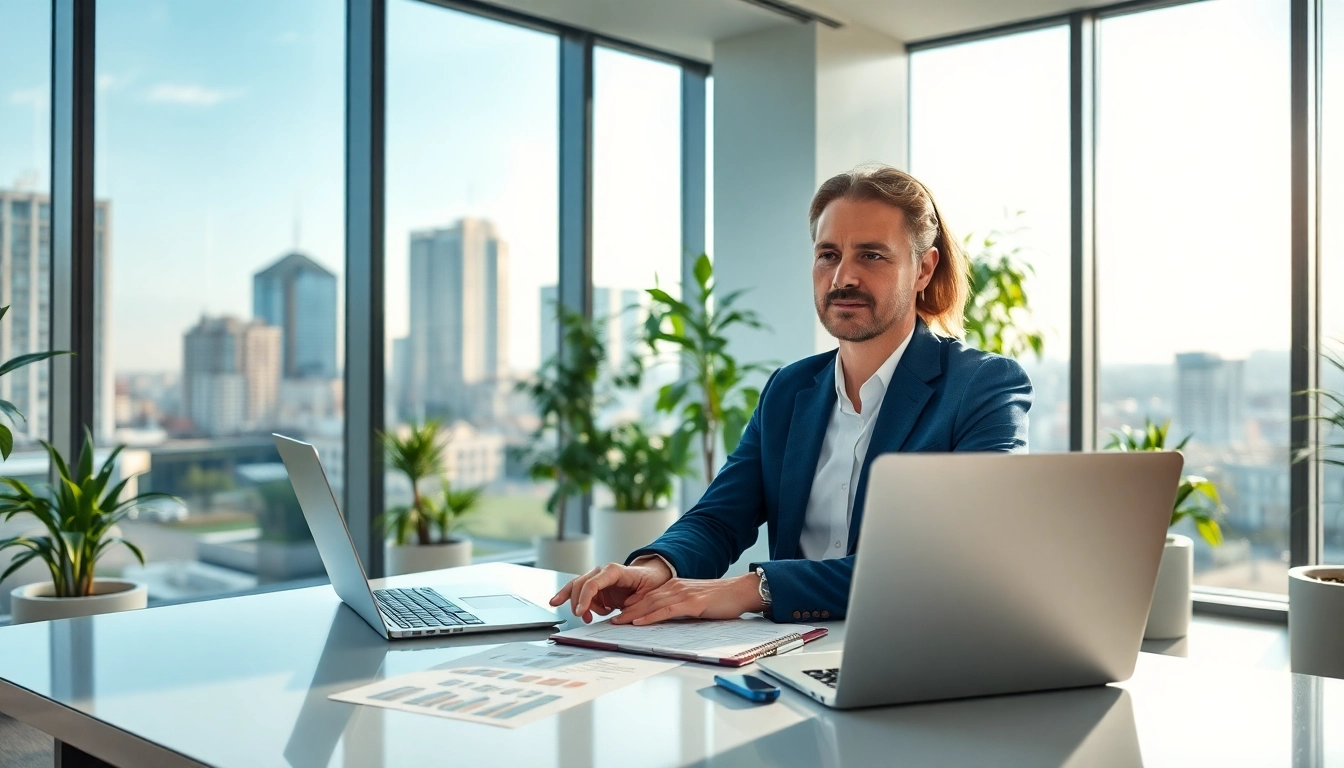 Immobilienmakler Frankfurt Sachsenhausen bespricht Immobilien mit Kunden in einem modernen Büro.